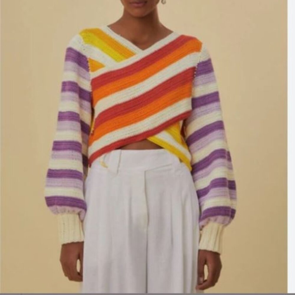Farm Rio Sunset Stripes Crochet Crisscross Sweater